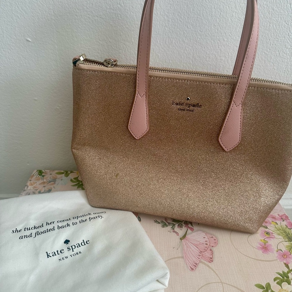 Kate Spade Shimmering Gold Tote with Pink Handles